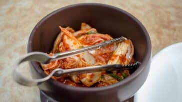 Kommen met gefermenteerd eten zoals yoghurt, zuurkool en kimchi op een houten tafel